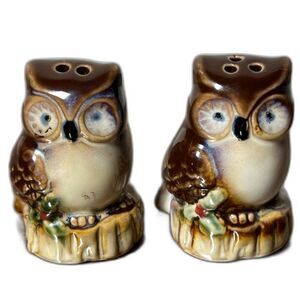 Vintage Mini Owl Salt & Pepper Shakers Ceramic Brown Glaze 2.25" Woodland Decor